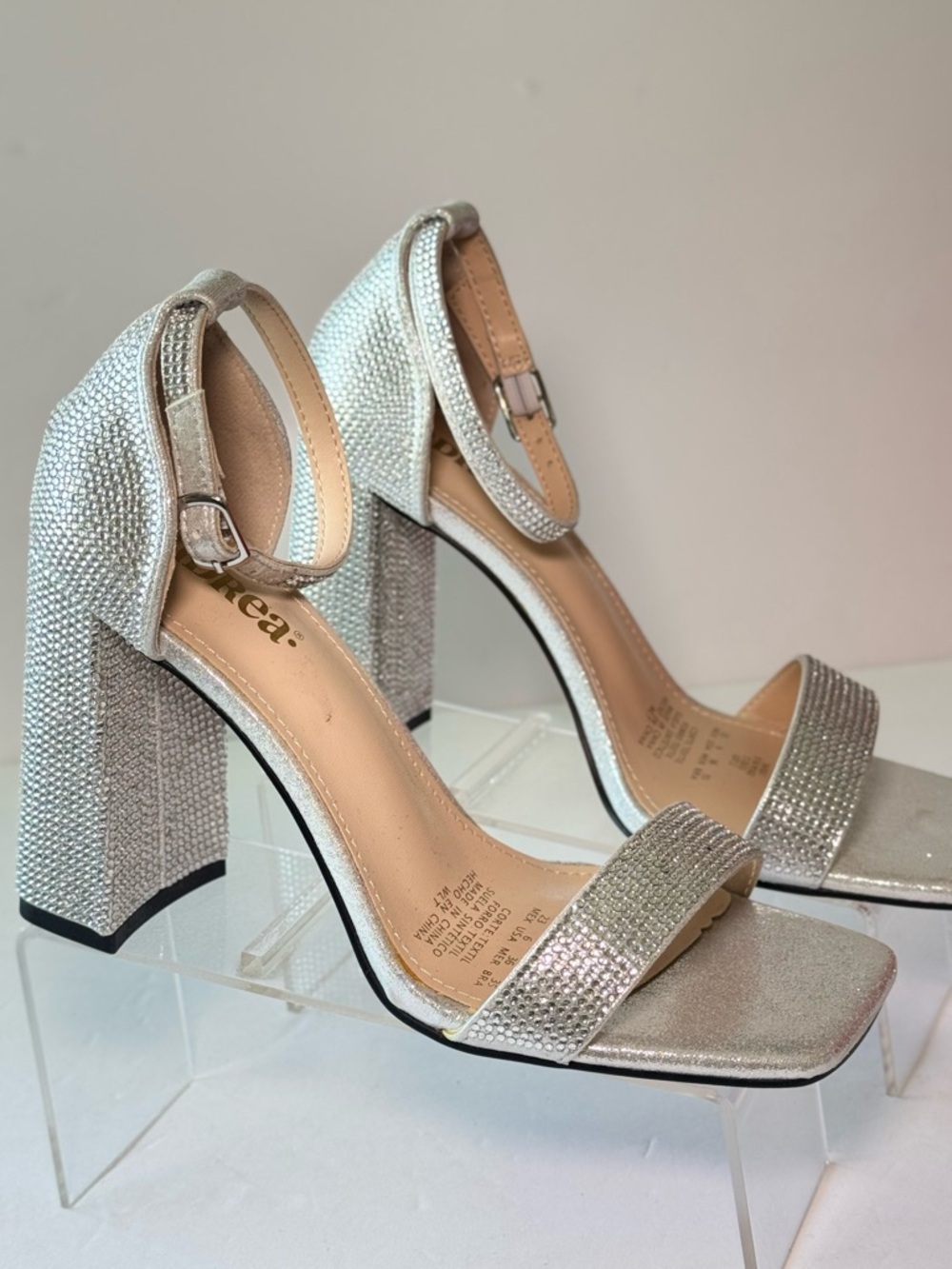 Silver Ankle-Strap Block Heel Sandals